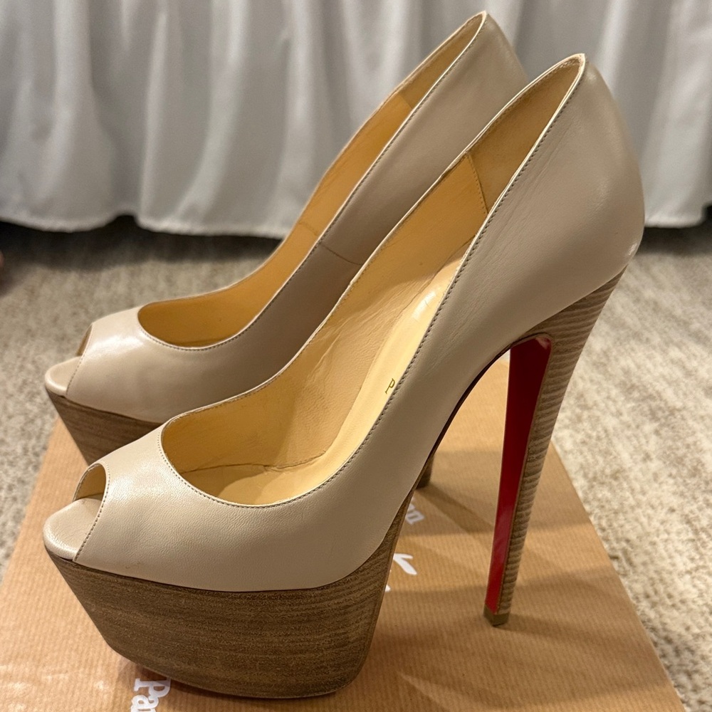 Christian Louboutin Beige Peep Toe Platform Heels - Picture 2 of 6
